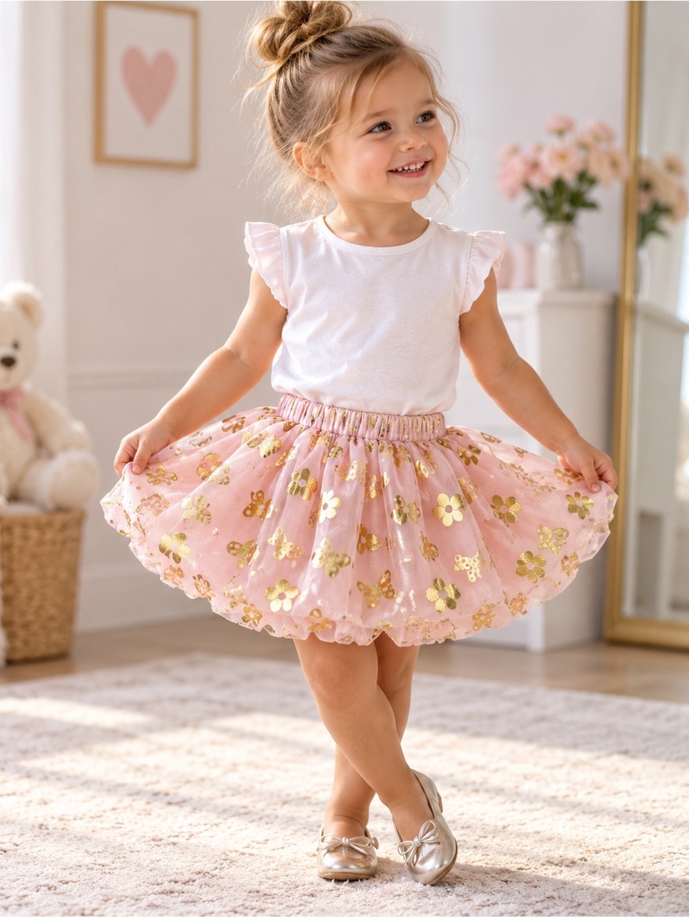 KIDS Disney Minnie Mouse Girls Pink Gold Tulle Bubble Hem Skirt 2T